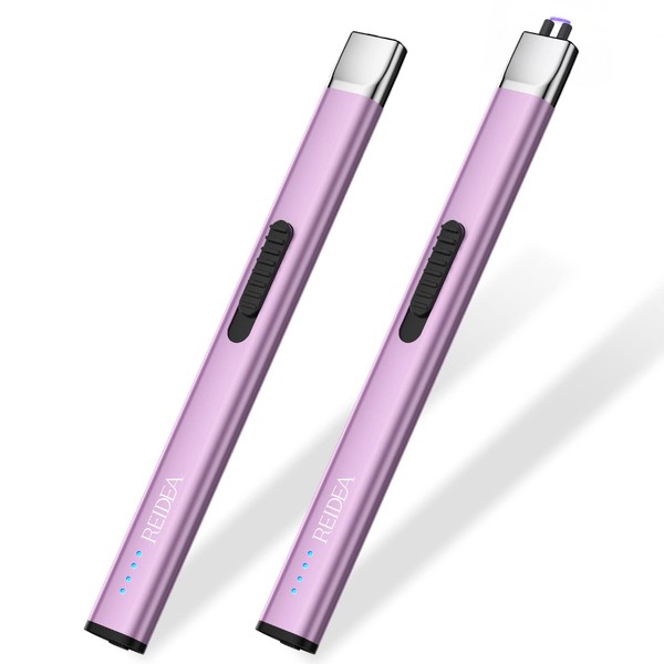 REIDEA Lighter Electronic Candle Lighter USB Rechargeable with Security Lock, Windproof Fast Heat Sinking, Non-Slip Switch Electronic Lighter for Candle, Grill, Camping (2 Pack Lavender Purple)