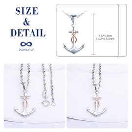 INFINIONLY Women's girl's Necklace Pendant, 925 sterling silver necklace, Silver anchor pendant inlaid with mini rose gold infinity symbol, Double color plating process, Unique