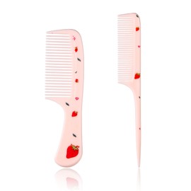 2 Piece Cute Hair Comb Set, Pink Strawberry Comb, Fine Tooth Comb and Rat Tail Comb, Hair Comb, Toddler Small Girls Comb, Hair Parting Comb for Women, Girls, Children, All Hair Types