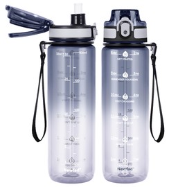 Newfad 32 oz Water Bottle with Detachable Straw, Clear Motivational Water Bottles with Time to Drink, Tritan & BPA Free Sports Water Jug with Time Marker, Upgraded handle design