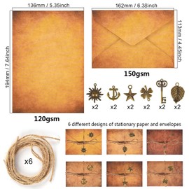 Vintage Stationery Paper and Envelopes Set - 24 Sheets Classic Aged Antique Letter Paper Stationary Set for Writing Letters Invitations with 12 Old Style Kraft Envelopes Rope Accessories Pendant