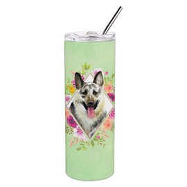 Caroline's Treasures CK4299TBL20 Eastern German Shepherd Green Flowers Stainless Steel 20 oz Skinny Tumbler Vacuum Double Walled Reusable Insulated Tumbler Travel Cup for Coffee Cocktails Gift with Li