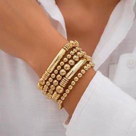 AllJunction Gold Beaded Stretch Bracelets for Women Chunky Silver Beads Ball Stackable Elastic Stretchy Bangles Bracelet Stacks Adjustable Cuff Jewelry Sets Trendy (Gold)