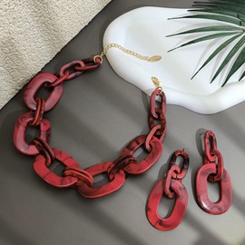 BOCAR Acrylic Chunky Statement Necklace for Women Cube Link Chain Collar Necklace and Hoop Earrings Costome Jewelry Set (NK-10667-Ruby Wine)