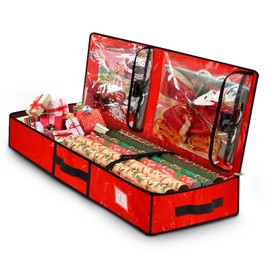 HikooLSS Wrapping Paper Organizer Storage Container for Christmas Holiday Gift Bag Storage 43.2" Durable PE Underbed Storage Container with Interior Pockets Fits 24 Paper Rolls (Red)