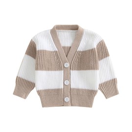 Toddler Baby Girl Boy Knit Sweater Cardigan V Neck Color Block Button Up Sweaters Fall Winter Clothes (Khaki, 12-18 Months)
