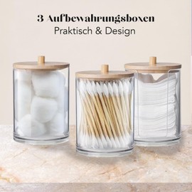 SoapUp® 3 Design Storage Boxes for Bathroom Accessories, Made of Transparent Acrylic & Bamboo Lids, Storage for Cotton Buds, Cotton Pads, Cosmetics, Decoration, OriginalCorner®