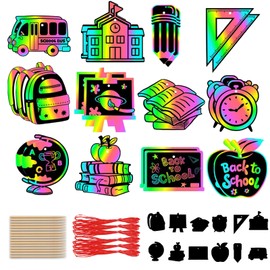 24 Pcs Welcome Back to School Scratch Paper Art Kit, Rainbow Magic Scratch Off Cards Apples Pencils Books Pattern DIY Drawing Paper for Classroom Activity First Day of School Gifts