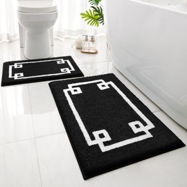 HOMEIDEAS Bathroom Rugs Sets 2 Piece, Soft and Water Absorbent Microfiber Carpet, Non-Slip Washable Bath Mats (20"x32"+16"x24", Black and White)