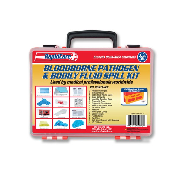 Rapid Care First Aid 839-LGBBK-1 Premium Bloodborne Pathogen & Bodily Fluid Spill Clean Up Kit, OSHA Compliant, Wall Mountable, 10" x 8" x 3.5",Red/Clear