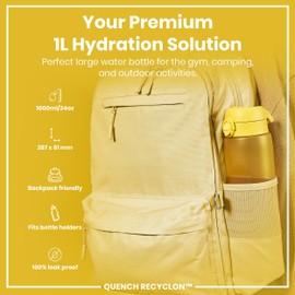 Ion8 1 Litre Water Bottle, Leak Proof, Flip Lid, Carry Handle, Rapid Hydration, Dishwasher Safe, BPA Free, Contoured Grip, Ideal for Travel, Gym & Activity, Carbon Neutral Recyclon, 32 oz, Yellow