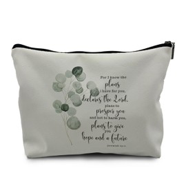 Nogrit Bible Scripture Jeremiah 29:11 Gifts Watercolor Eucalyptus Leaf Makeup Cosmetic Bag,Christian Religious Linen Makeup Travel Toiletry Bag,pu