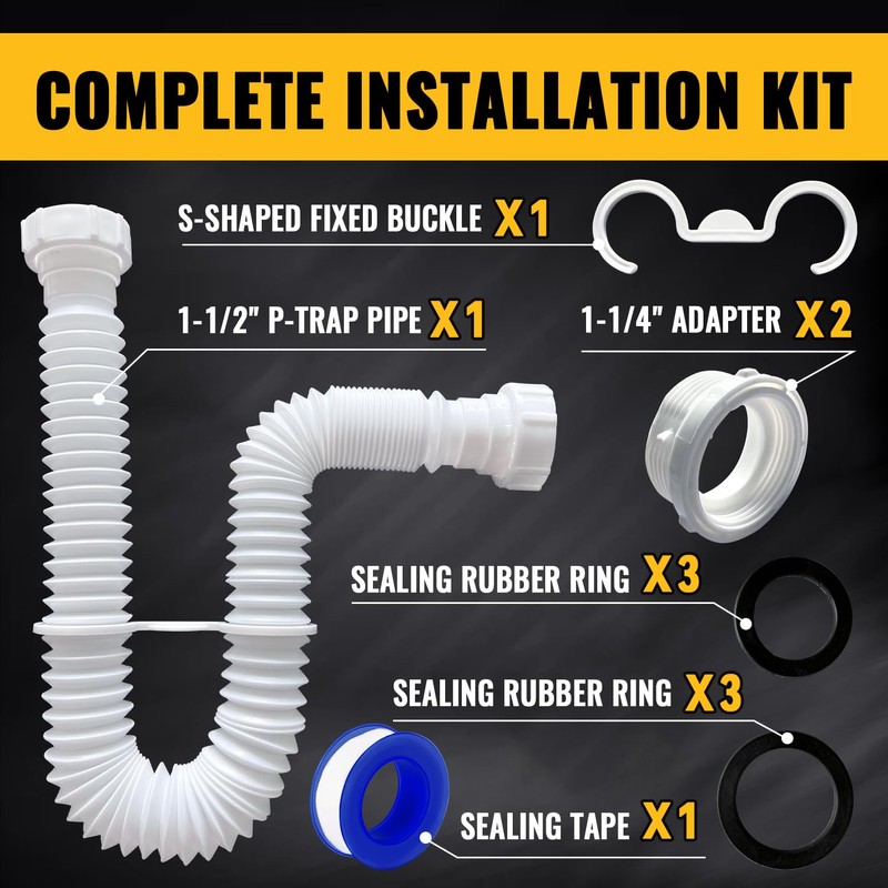 VIVIDA Flexible Sink Drain Pipe, 1-1/2" Expandable Flexible P Trap