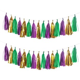 Autupy 30 PCS Green Purple Gold Mylar Tissue Paper Tassels Banner DIY Kit Baby Shower Birthday Bachelorette Party Supplies