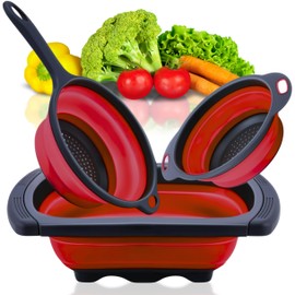 Set of 3 Red Food Strainer for Kitchen - Silicone Sieve Small Foldable Colander for Pasta and Spaghetti Multifunctional Silicone Collapsible Strainer for Camping