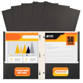 Better Office Products Brown Paper 2 Pocket Folders with Prongs, Matte Texture, Letter Size Paper Folders, 50 Pack, with 3 Metal Prong Fastener Clips, Brown