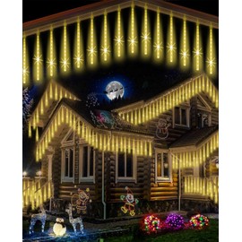 EAGWELL Meteor Shower Lights Outdoor Christmas Lights Falling Rain Lights 12Inch 10Tubes Rain Drop Lights Snowfall Icicle Cascading String Lights for Xmas Holiday Tree Garden Decor,Shine Warm White
