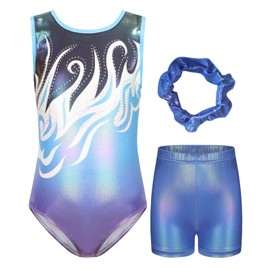 Soudittur Girls' Leotard 3-Piece Gymnastics Set, Sleeveless Gymnastics Leotard Children with Shorts and Hairband, Gymnastics Bodysuit for 3-12 Years, blue