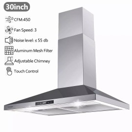 Zomagas 30 in Wall Mount Range Hood Stainless Steel Kitchen Cook Vent 450CFM 3-Speed LED