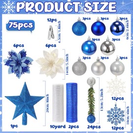 Maysing 75 Pcs Christmas Tree Decoration Set Gift Christmas Ball Ornament Star Tree Topper Glitter Poinsettia Flowers Hanging Snowflakes Mesh Ribbon Bendable Ties for Xmas Holiday Party(Blue)