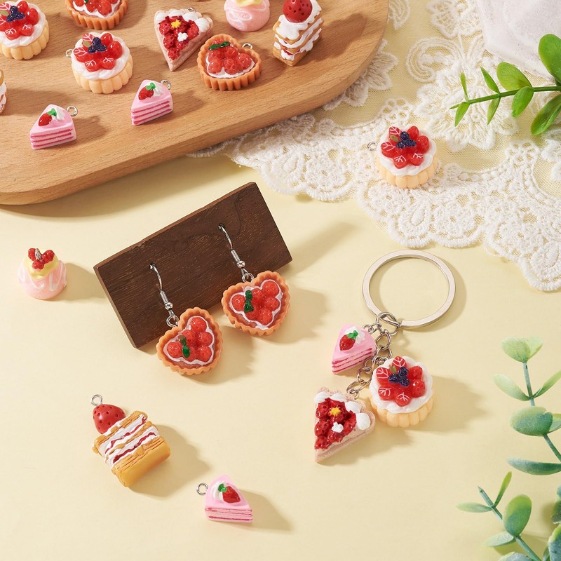 FASHEWELRY 30Pcs Resin Dessert Pendants 3D Imitation Food Charms Strawberry