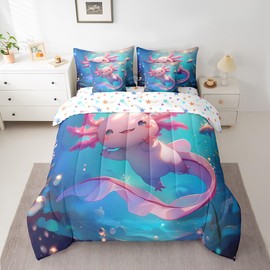 Feelyou Kids Cute Axolotl Bed in A Bag Full Size, Cartoon Salamander Comforter Set with Sheets Kawaii Animal 7 Pieces Bedding Set Boys Girls Ocean Sealife Teens Bed Set Bedroom Decor 7Pcs