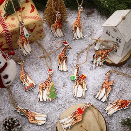 Thyle 12 Pcs Christmas Tree Giraffe Ornament Mini Safari Animal Wooden Hanging Ornaments Gift Decor for Giraffe Lovers Xmas Tree Decorations Home Window Holiday Decorations