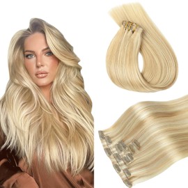 Worldstar Invisible Clip in Extensions Human Hair 18 Inch #27P613 Balayage Caramel Blonde to Blonde Seamless PU Clip Ins Extension Real Human Hair For Woman 6 Pcs 130 Grams (pu#27P613-18）