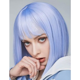 MIUSKATL Wig and Sunglasses 12 Inch Short Bob Wigs with Bangs for Women Costume Cosplay Party (Haze Blue)