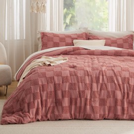 Bedsure Twin/Twin XL Comforter Set Grayish Pink, Boho Tufted Bed Set, Checkered Farmhouse Shabby Chic Bedding, 2 Pieces, 1 Plaid Geometric Comforter and 1 Pillow Sham