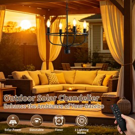 SADALAK Solar Chandelier Outdoor, 4-Light 15.7" Hanging Pendant Light Fixture, Waterproof Solar Powered Dimmable Farmhouse Outdoor Decor Lighting for Gazebo, Pergola, Porch, Patio, Outside, Indoor