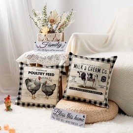 Farmhouse Animal Pillow Covers 18x18 Set of 4 Vintage Wood Farm Market Fresh Organic Produce Milk Pig Turkey Feed Premium Poultry Farm Home Décor Throw Pillow Case Cushion Cover for Sofa F063-18