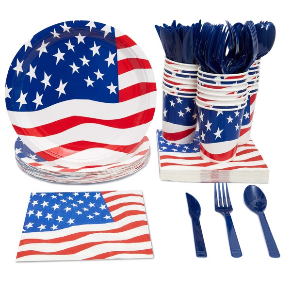 Juvale Patriotic American Party Supplies (Serves 24) Knives, Spoons, Forks, Paper Plates, Napkins, Cups