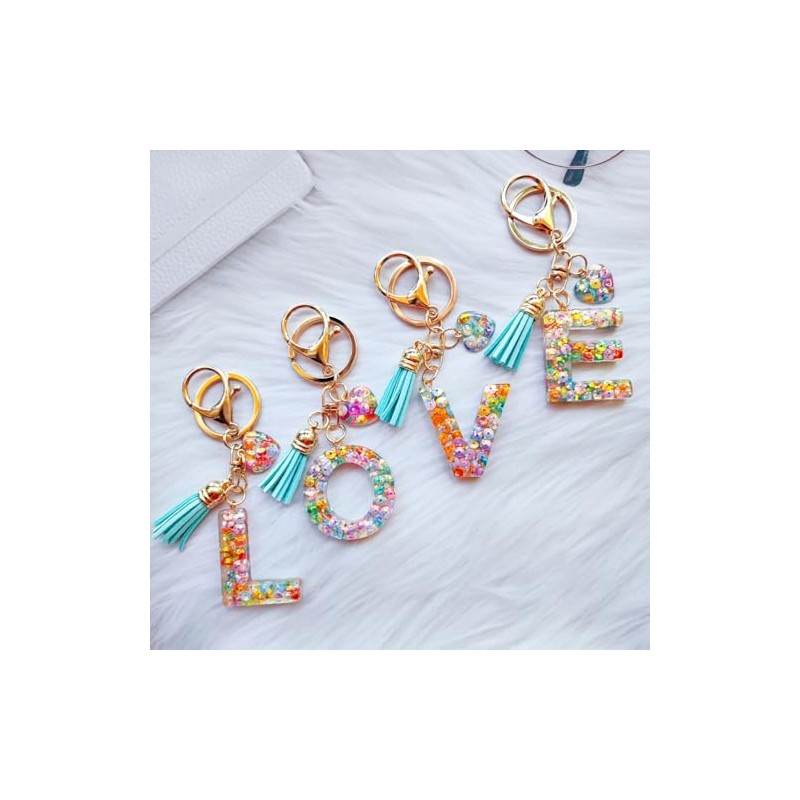 Colorful Initial Letter Keychains with Heart Charm and Tassel