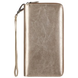 Lavemi Women's 100% Leather Wallets Large Capacity RFID Blocking Two Zippers Phone Holder Clutch Travel Purse(Two Zipper Champion Gold)