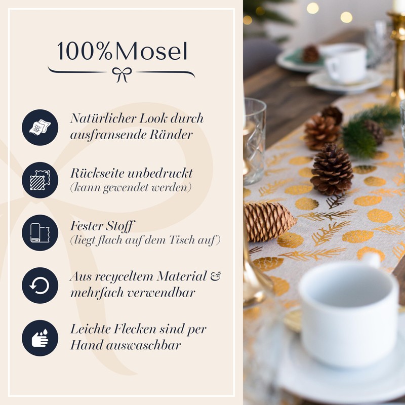 100%Mosel Table Runner, Linen Look, Natural, Pine Cones in Gold,