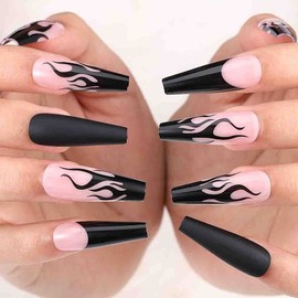 Outyua Coffin Press on Nails Matte Extra Long False Nail Ballerina Designer Fake Nails Acrylic Full Cover Nails for Women and Girls 24pcs (Fire Black)
