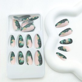 Almond Press on Nails Medium Green Smudge Fake Nails Medium Long Acrylic Nails Press ons Golden Glitter Artificial Full Cover Glossy Stick Glue on Nails for Women 24 Pcs