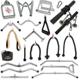 C.P.Sports Handles for Cable Pulls, Cable Pulls, Lat Pull Bar, Rowing Handle, Biceps Triceps Bar, Triceps Rope, SZ Bar, Carabiner, One-hand Grip, Forearm Trainer, Handle Set