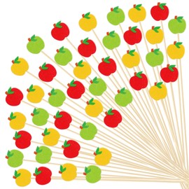 JarThenaAMCS 300Pcs Apples Cocktail Pick Back to School Toothpick Red Green Yellow Long Food Appetizer Skewer for Fruit Drink Dessert First Day of School Party Supplies