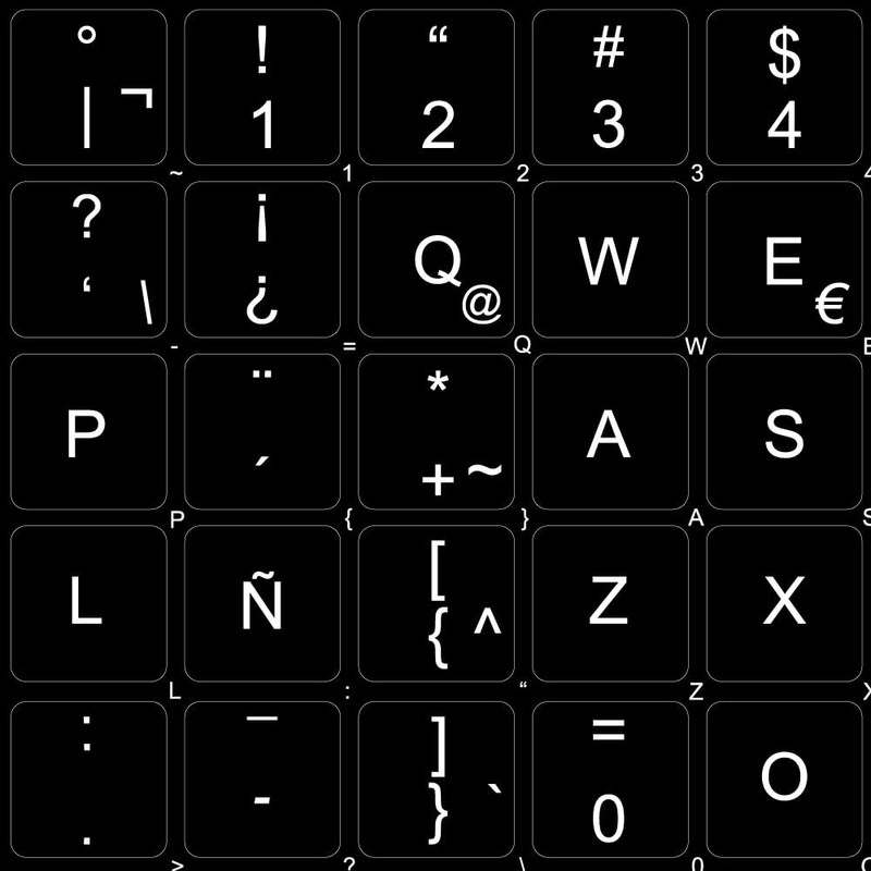 Spanish Latin American Decals for Keyboard Matte Black Background (14x14)