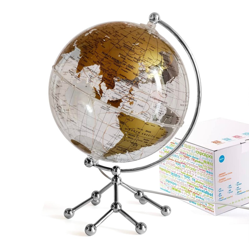 8'' World Globe, Clear Metal Globe with Built-in Gypsophila LED