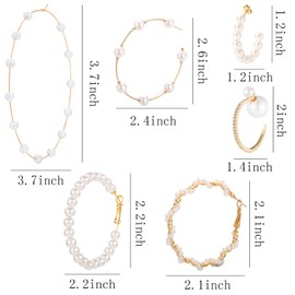 NEWITIN - 6 pares de aretes de aro de perlas para mujer, de gran tamaño, grandes, de círculo, grandes, hipoalergénicos, aros de perlas doradas, para mujer, Metal, No es una piedra preciosa