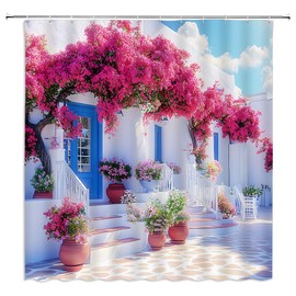 Ocean Coastal Landscape Shower Curtain Santorini Greece European Nature Landscape Italian White Architecture Purple Flower Mediterranean Bathroom Curtain Set Polyester Fabric Hook 70 X 70 Inch