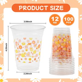 AimFun Daisy Groovy Plastic Cups Pink Orange Flower Party Cups Retro Boho Hippie Disposable Cups 60s 70s 12 oz Cold Drinking Cup for Groovy Party Supplies (100, Colorful Daisy)