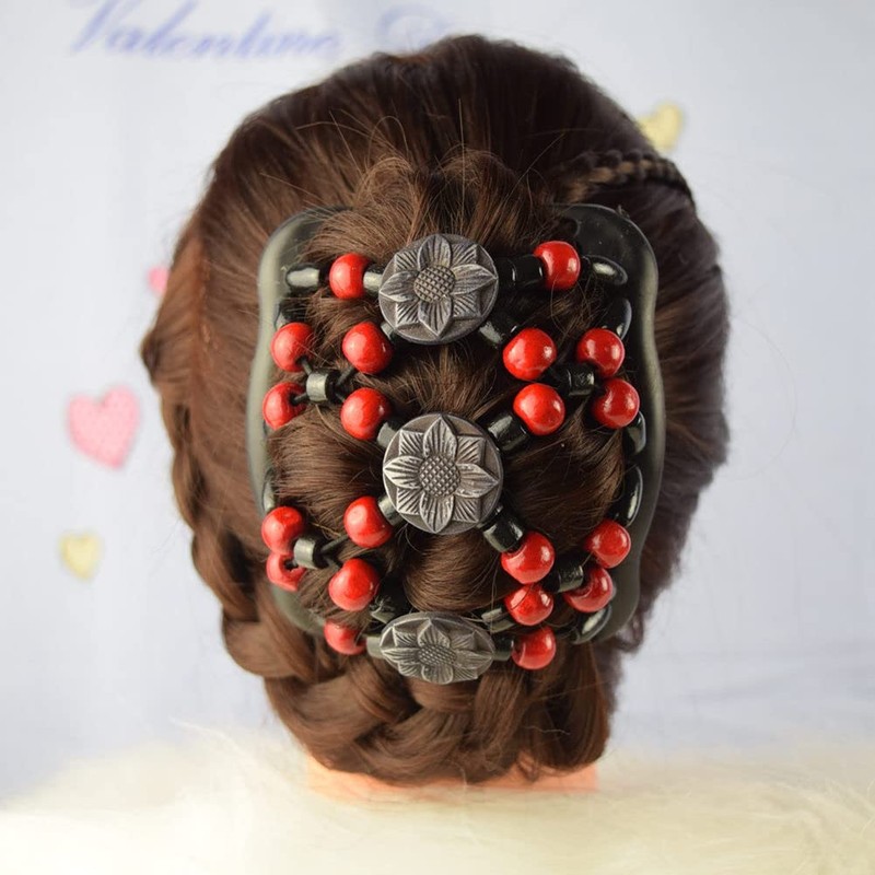 LOVEF Women Magic Hair Combs Wood Beaded Stretch Double Side