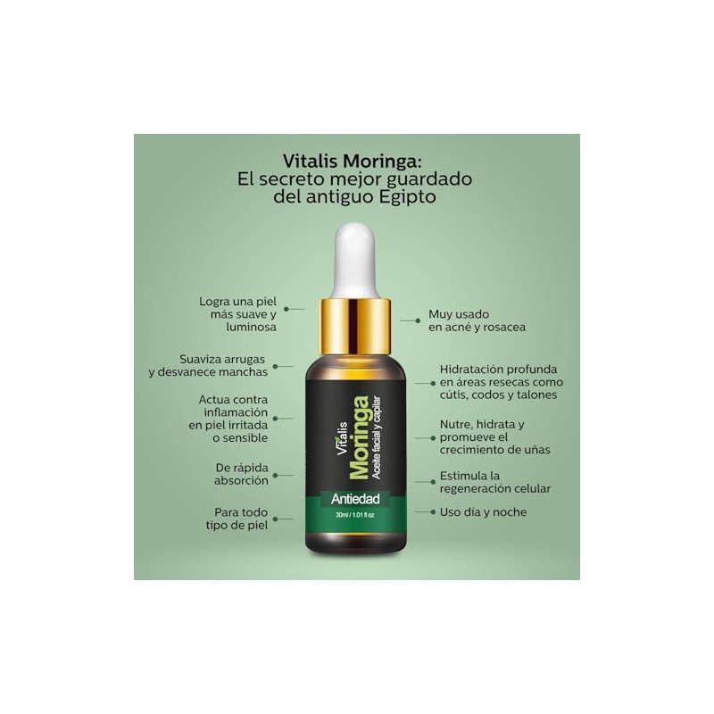 Vitalis Aceite de Moringa Puro Natural, 30 ml, Antiarrugas y