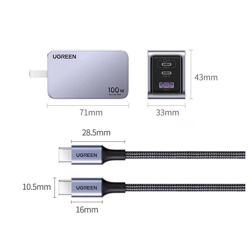 UGREEN Nexode Pro 100W GaN 3-Port USB-C, Ultra Compact Fast