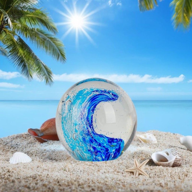 vskikris Hand-Blown Ocean Waves Glass Ball Paperweight | Unique Bubble
