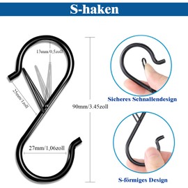 MejaRizon 10 Stück S Haken Edelstahl, 90mm Haken zum Einhängen, Sicheres Schnallendesign, Haken mit Sicherung Geeignet für Küche, Werkstatt, Badezimmer, Garten, Schlafzimmer, Draussen(Schwarz)